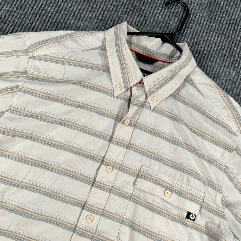 Marmot Shirt Mens Medium Cream Striped Short Sleeve Performance Button Down Hike